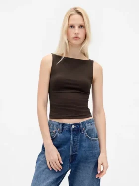 Camiseta sin mangas corta de jersey de punto tupido con cuello barco