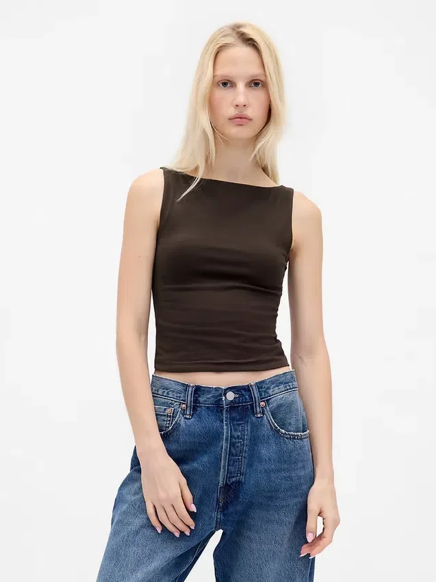 Camiseta sin mangas corta de jersey de punto tupido con cuello barco