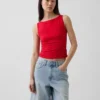 Camiseta sin mangas corta de jersey de punto tupido con cuello barco