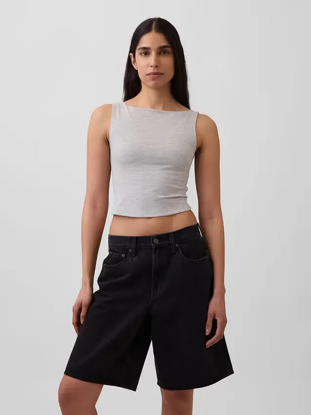 Camiseta sin mangas corta de jersey de punto tupido con cuello barco