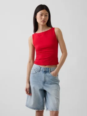 Camiseta sin mangas corta de jersey de punto tupido con cuello barco