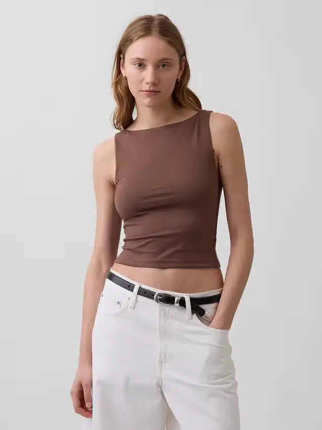 Camiseta sin mangas corta de jersey de punto tupido con cuello barco