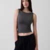 Camiseta sin mangas corta de jersey de punto tupido con cuello barco