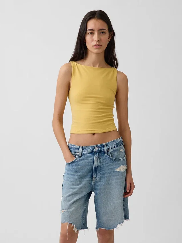 Camiseta sin mangas corta de jersey de punto tupido con cuello barco