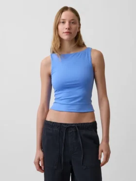 Camiseta sin mangas corta de jersey de punto tupido con cuello barco