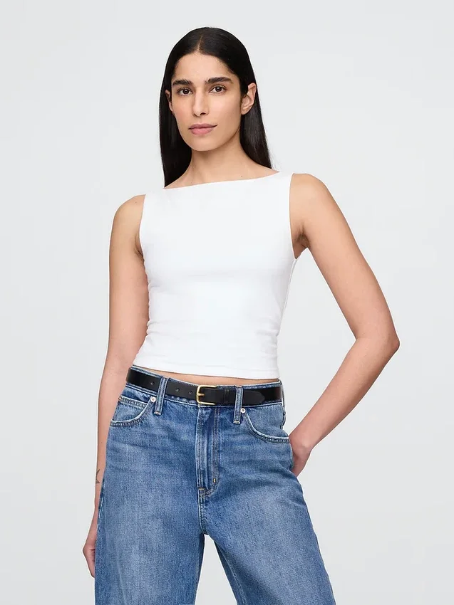 Camiseta sin mangas corta de jersey de punto tupido con cuello barco
