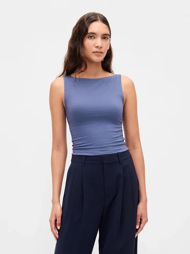 Camiseta sin mangas corta de jersey de punto tupido con cuello barco