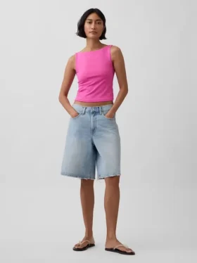 Camiseta sin mangas corta de jersey de punto tupido con cuello barco
