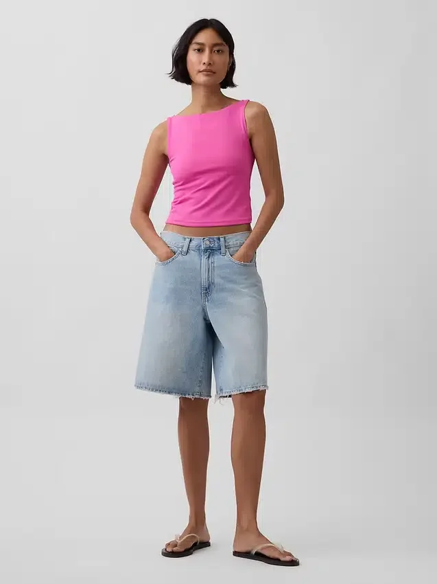 Camiseta sin mangas corta de jersey de punto tupido con cuello barco