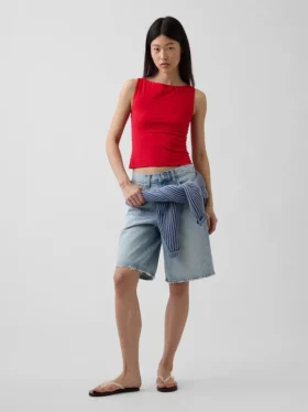 Camiseta sin mangas corta de jersey de punto tupido con cuello barco