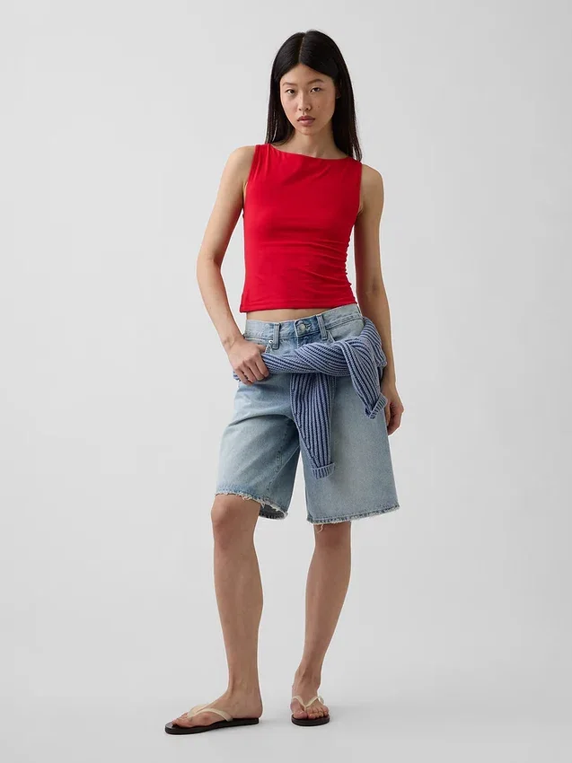Camiseta sin mangas corta de jersey de punto tupido con cuello barco