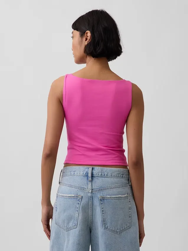 Camiseta sin mangas corta de jersey de punto tupido con cuello barco