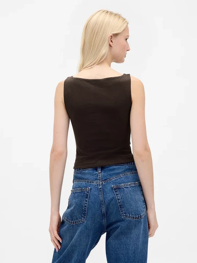 Camiseta sin mangas corta de jersey de punto tupido con cuello barco