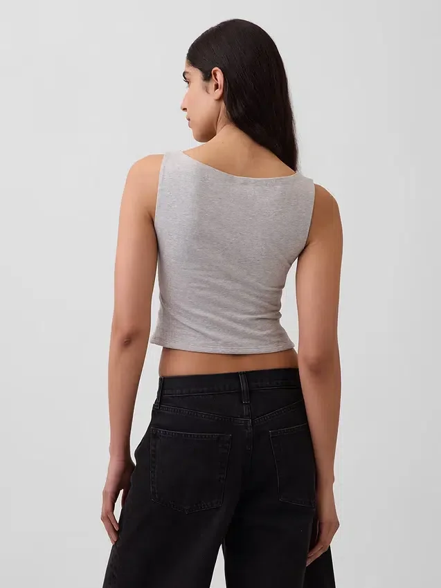 Camiseta sin mangas corta de jersey de punto tupido con cuello barco