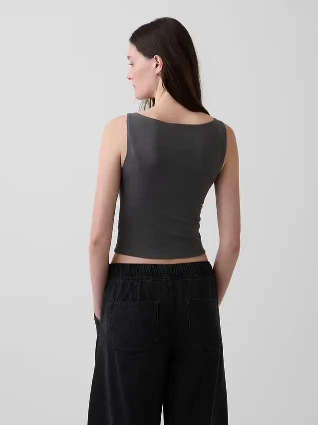 Camiseta sin mangas corta de jersey de punto tupido con cuello barco