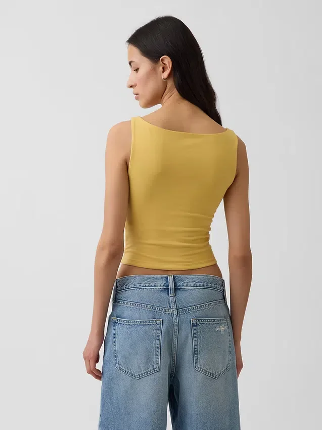 Camiseta sin mangas corta de jersey de punto tupido con cuello barco