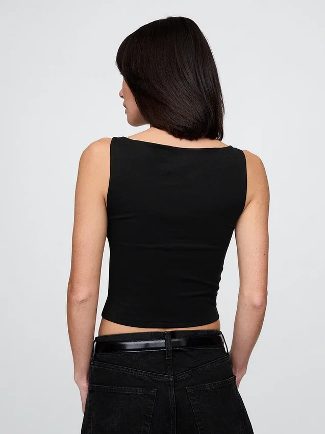 Camiseta sin mangas corta de jersey de punto tupido con cuello barco