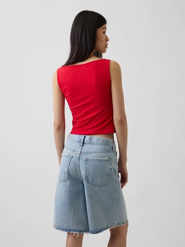 Camiseta sin mangas corta de jersey de punto tupido con cuello barco