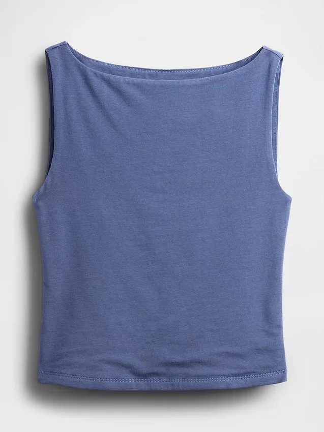 Camiseta sin mangas corta de jersey de punto tupido con cuello barco