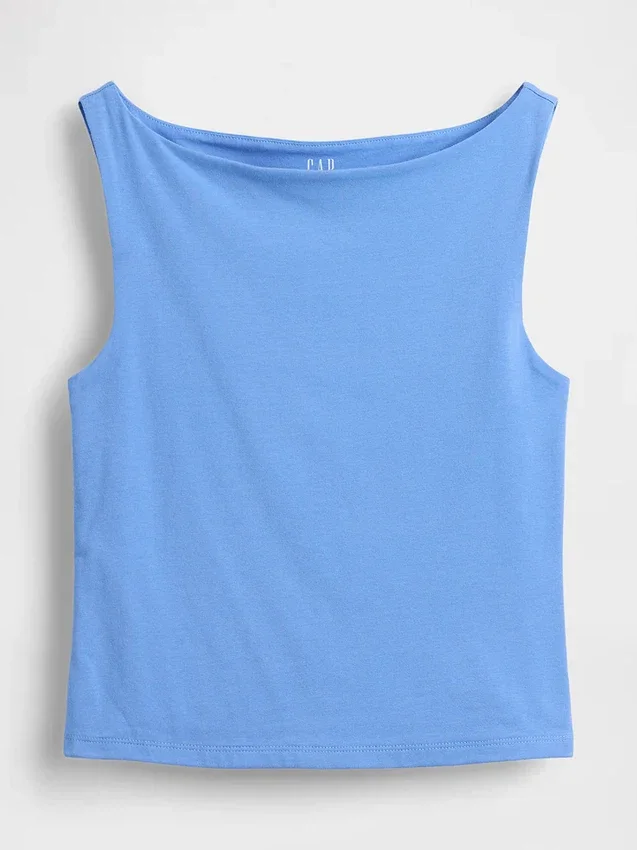 Camiseta sin mangas corta de jersey de punto tupido con cuello barco