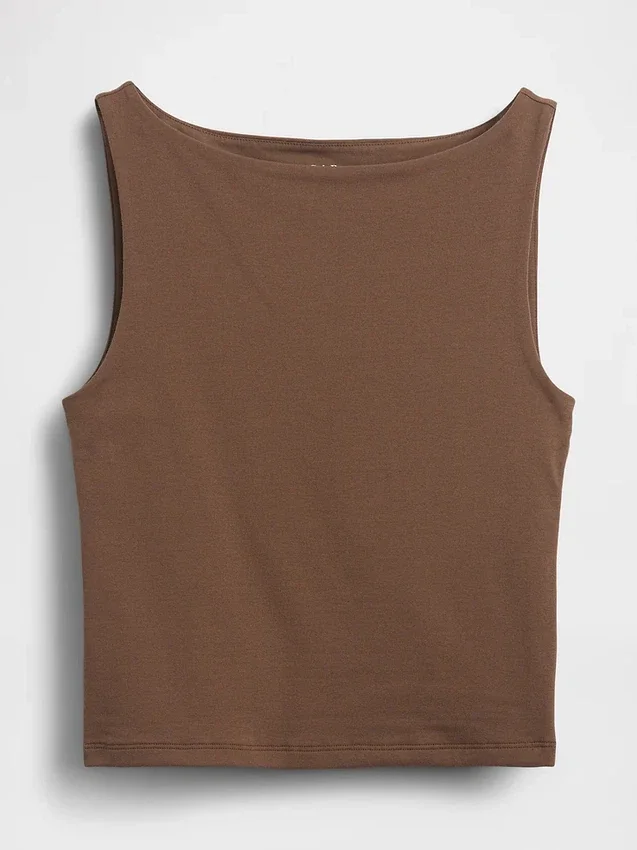 Camiseta sin mangas corta de jersey de punto tupido con cuello barco