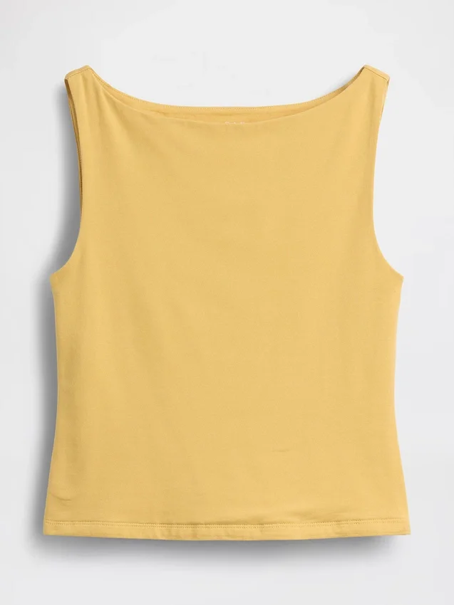 Camiseta sin mangas corta de jersey de punto tupido con cuello barco
