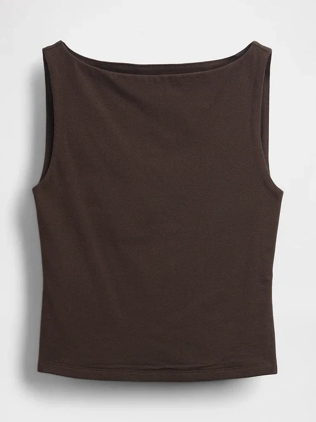 Camiseta sin mangas corta de jersey de punto tupido con cuello barco