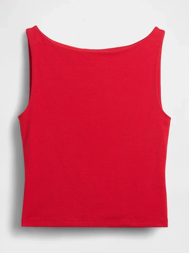 Camiseta sin mangas corta de jersey de punto tupido con cuello barco