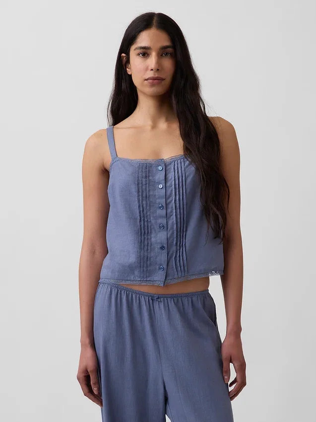 Camiseta sin mangas corta de pijama con pliegues en mezcla de lino