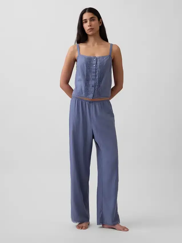 Camiseta sin mangas corta de pijama con pliegues en mezcla de lino