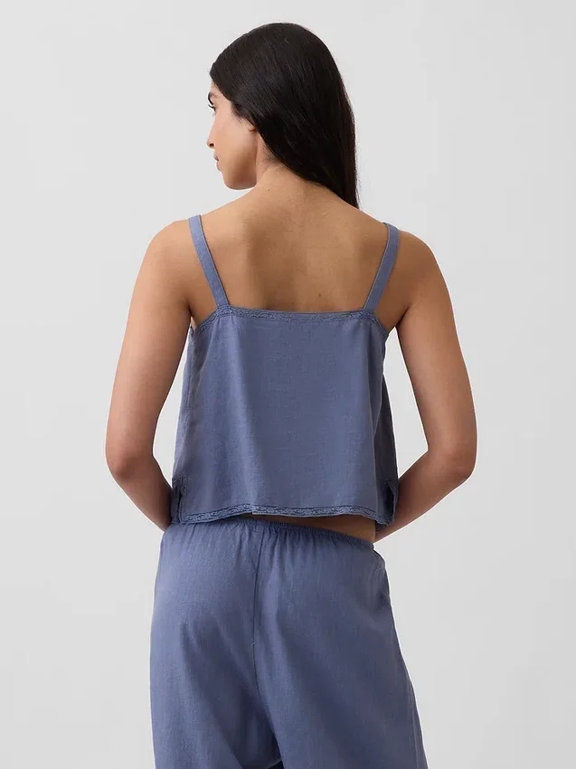 Camiseta sin mangas corta de pijama con pliegues en mezcla de lino
