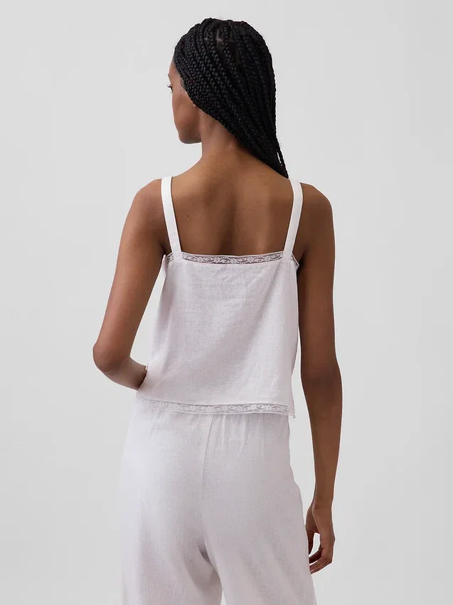 Camiseta sin mangas corta de pijama con pliegues en mezcla de lino