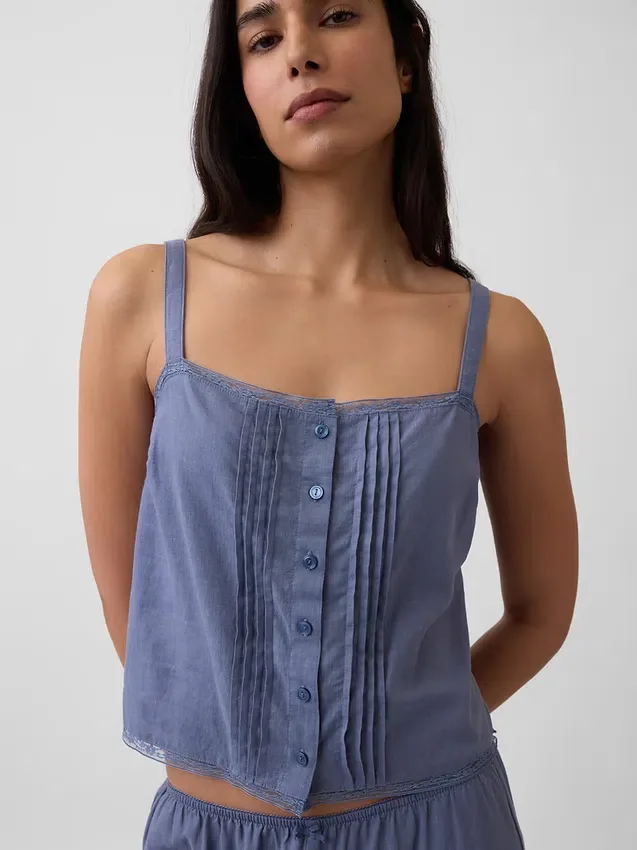 Camiseta sin mangas corta de pijama con pliegues en mezcla de lino