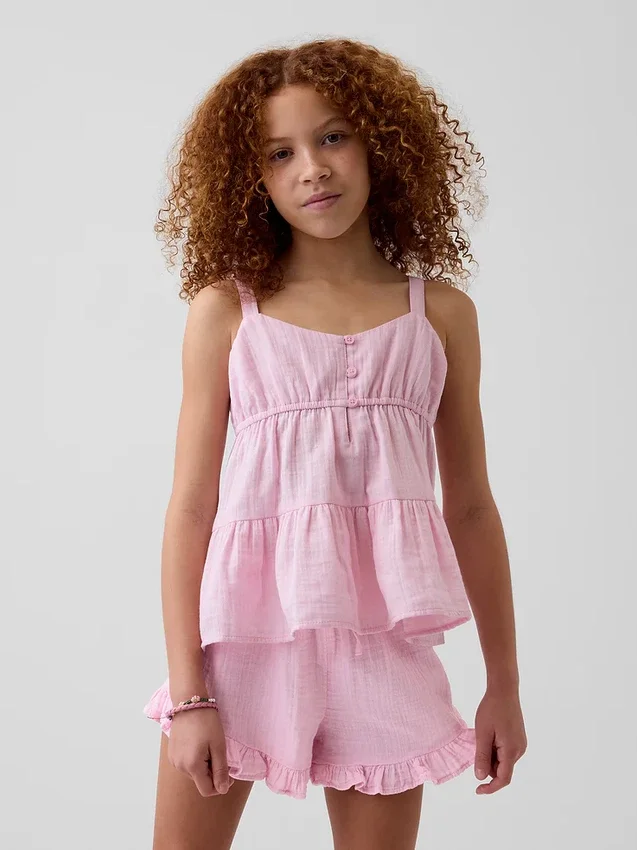 Camiseta sin mangas de gasa de algodón para niños con volantes