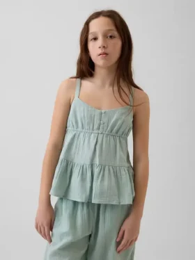 Camiseta sin mangas de gasa de algodón para niños con volantes