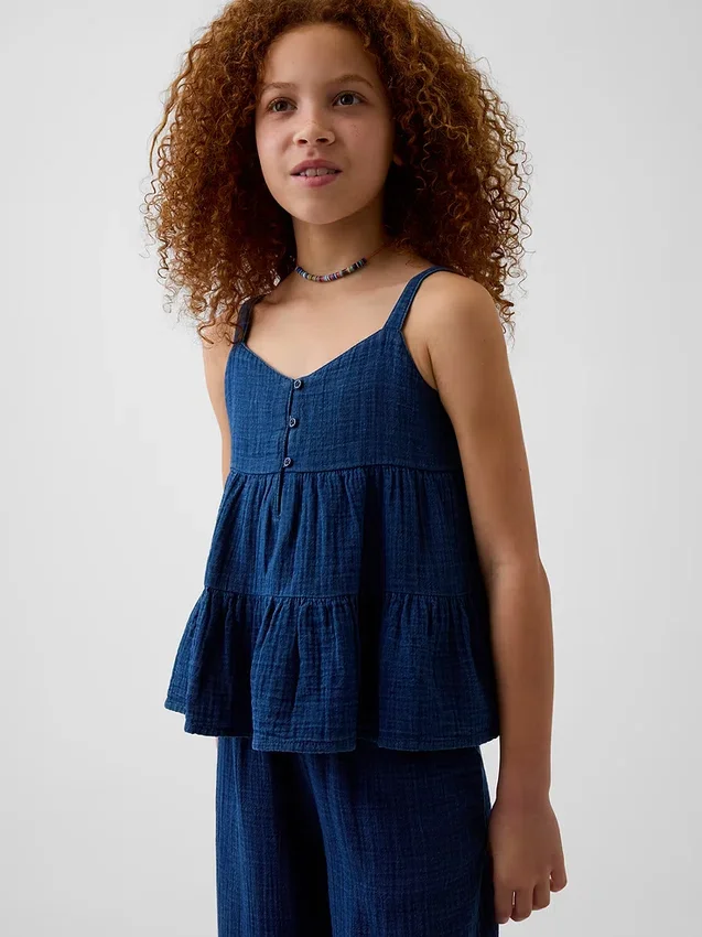 Camiseta sin mangas de gasa de algodón para niños con volantes