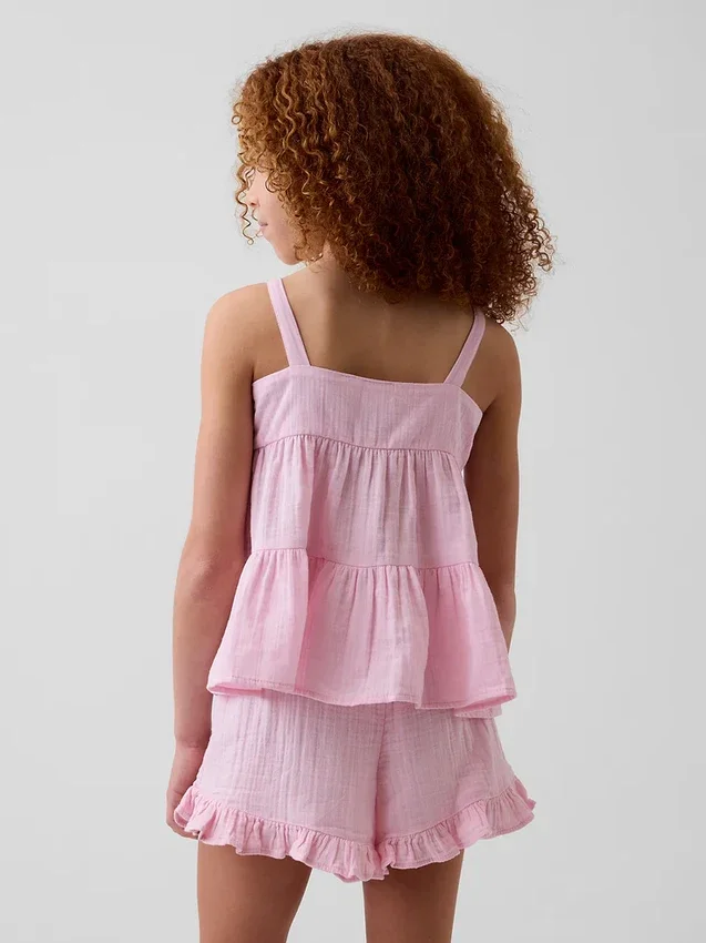Camiseta sin mangas de gasa de algodón para niños con volantes