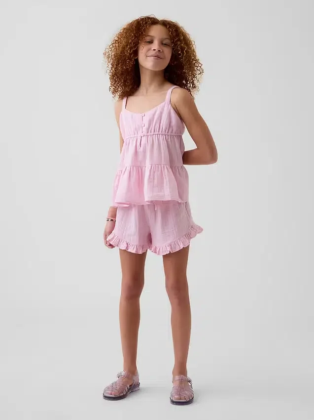 Camiseta sin mangas de gasa de algodón para niños con volantes