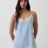 Camiseta sin mangas de mezcla de lino con ribete de encaje