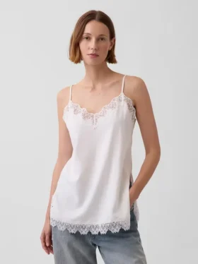 Camiseta sin mangas de mezcla de lino con ribete de encaje