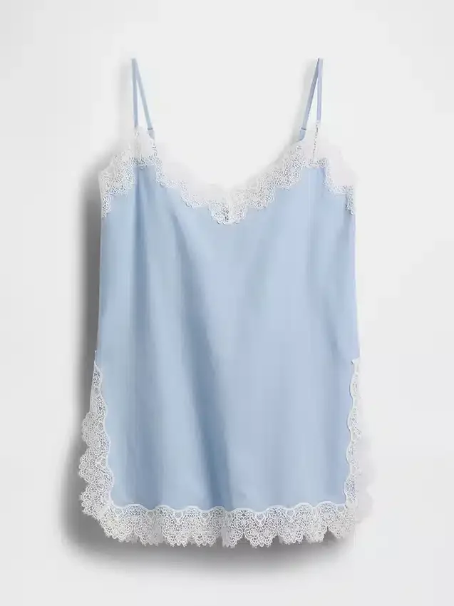 Camiseta sin mangas de mezcla de lino con ribete de encaje
