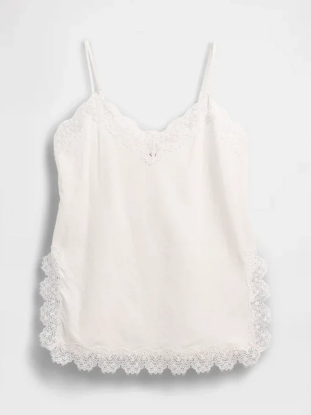 Camiseta sin mangas de mezcla de lino con ribete de encaje