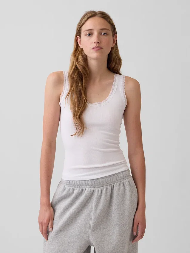 Camiseta sin mangas de pijama con ribete de encaje y costuras finas