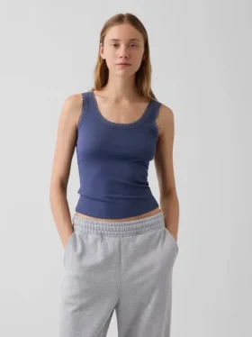 Camiseta sin mangas de pijama con ribete de encaje y costuras finas