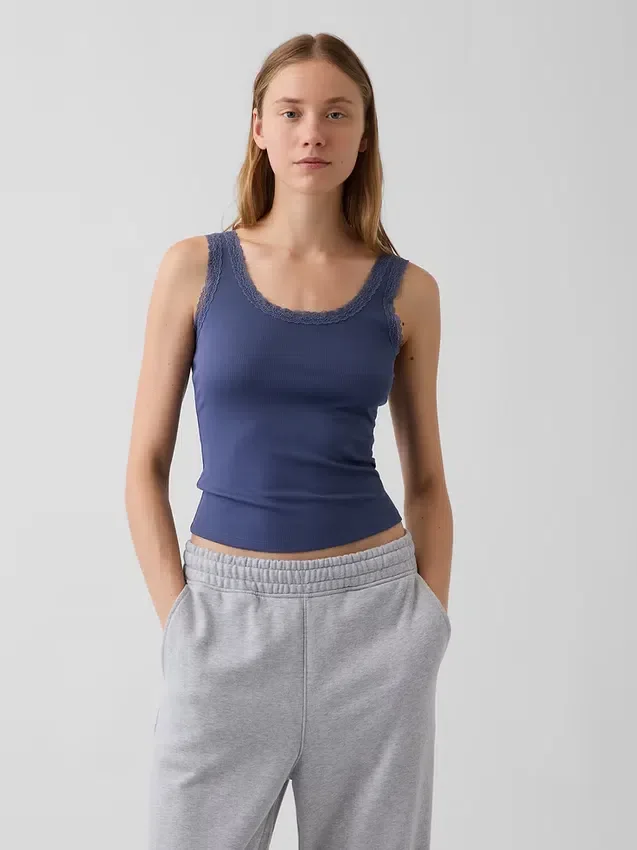 Camiseta sin mangas de pijama con ribete de encaje y costuras finas