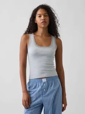 Camiseta sin mangas de pijama con ribete de encaje y costuras finas