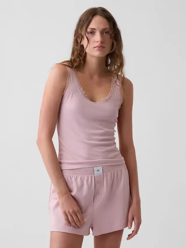 Camiseta sin mangas de pijama con ribete de encaje y costuras finas
