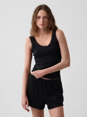 Camiseta sin mangas de pijama con ribete de encaje y costuras finas