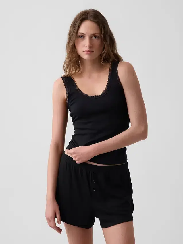 Camiseta sin mangas de pijama con ribete de encaje y costuras finas