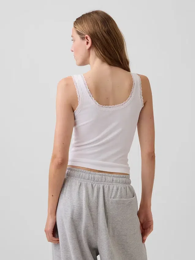 Camiseta sin mangas de pijama con ribete de encaje y costuras finas